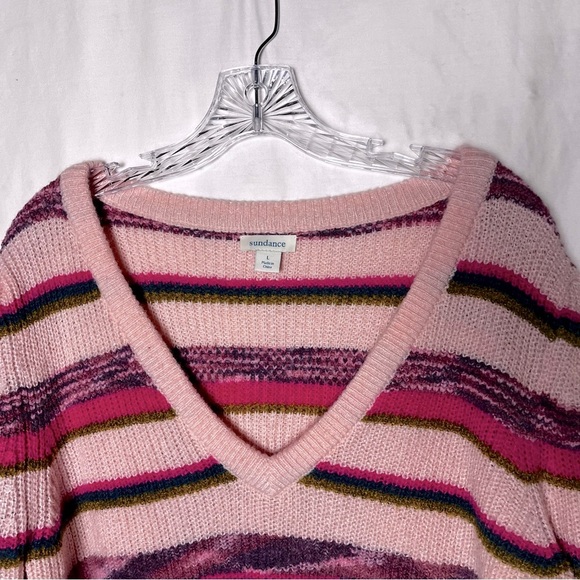 Sundance | Pink Green Striped Wool Blend V-Neck Sweater, Large - Picture 6 of 9